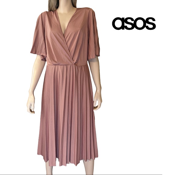 ASOS Dress Simply Be Pleated Kimono Sleeve Deep V Neck Midi Skater Rose Pink - Picture 1 of 14